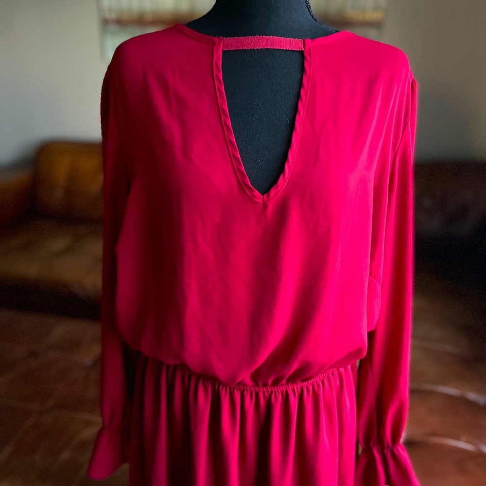 Bright Red Beautiful Dress Midi with Long Sleeves Detail on the Front - Picture 8 of 16